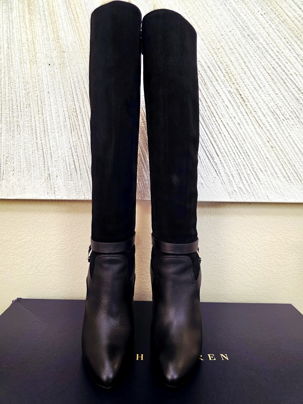Ralph Lauren Black Leather & Suede Knee-High Stiletto Buckle Boots - Size US 8.5 - Picture 5 of 16
